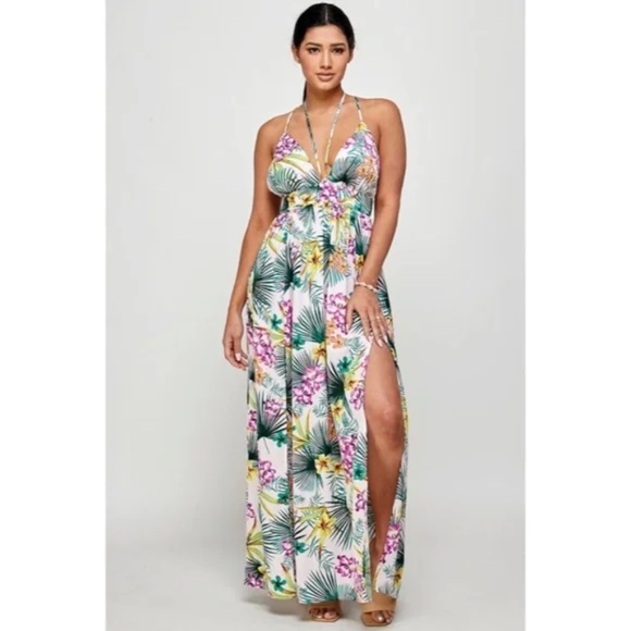 Purple Tropical Floral Palm Vacation Cruise Summer Sexy Slit Maxi Halter Dress - Picture 3 of 5